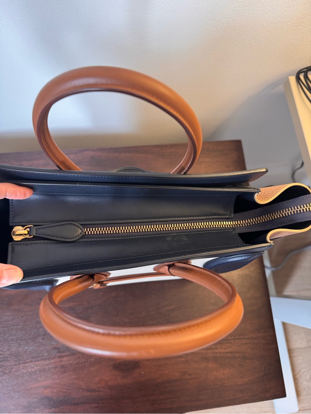 NWOT Celine Leather Micro Luggage Tote in Navy, Cream & Cognac/Deep Camel - Picture 6 of 11